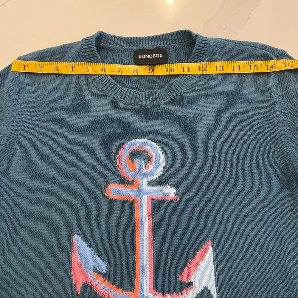 Bonobos Teal Crewneck Sweater with Anchor Design Slim Small